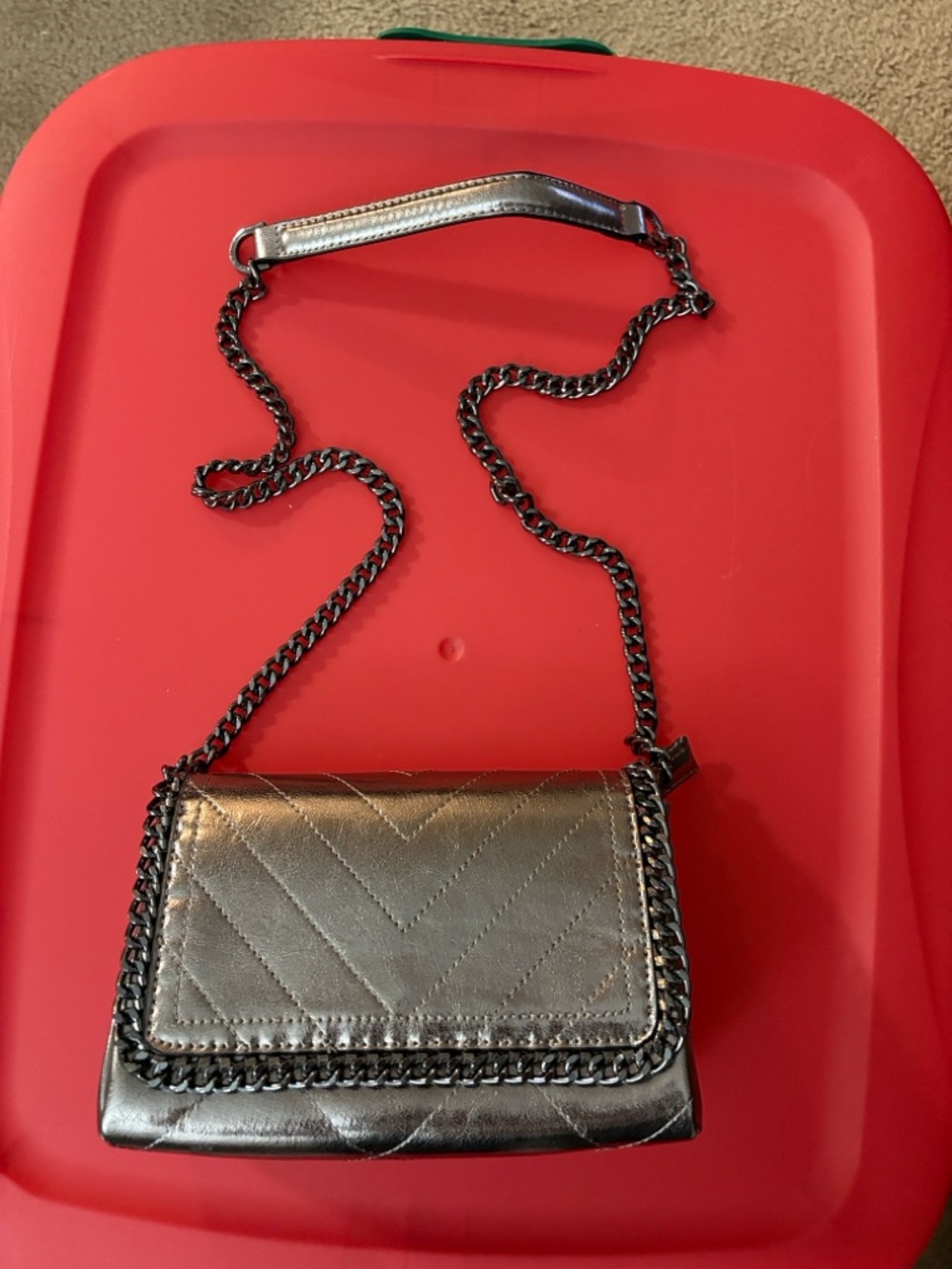 Aldo Metallic Silver Quilted Chain Shoulder Bag
